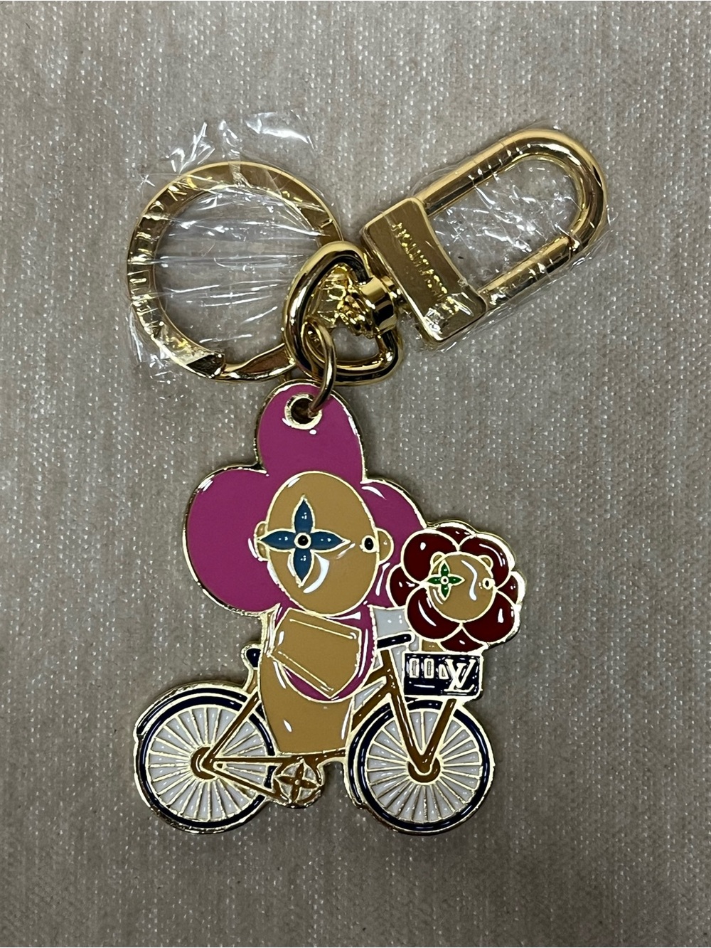 Louis Vuitton Gold-Tone Bicycle Key Holder with Pink and Brown Flower Charm
